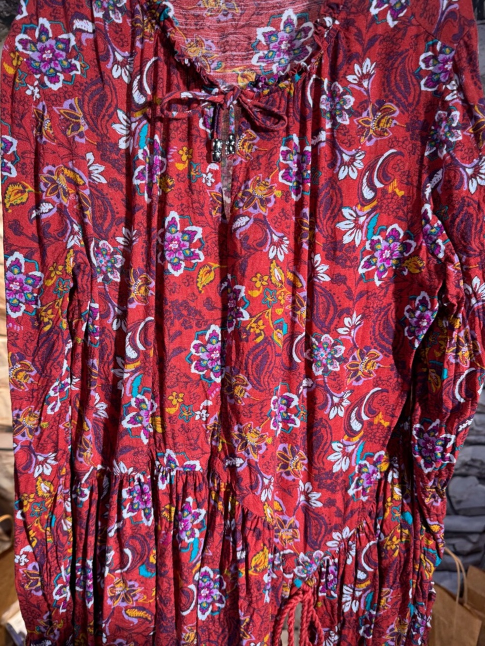 Time and Tru Red Floral Boho Peasant Blouse